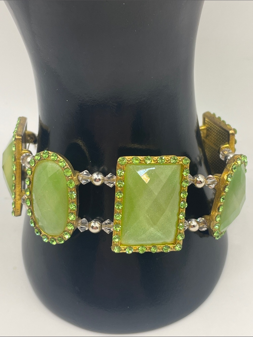 Light Green Faceted Stone Link Bracelet w/ Lime Rhinestones Size 8